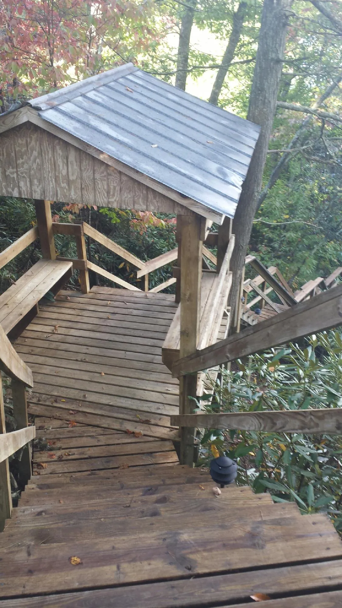 Metal roofed shelter over wooden steps on a wooded walkway — Skylight Repair & Installation work by our crew in Windfall